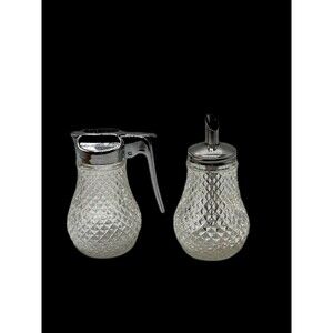 Vintage MCM 1940's-70's Diamond Point Glass Sugar & Syrup/ Cream Dispenser Set